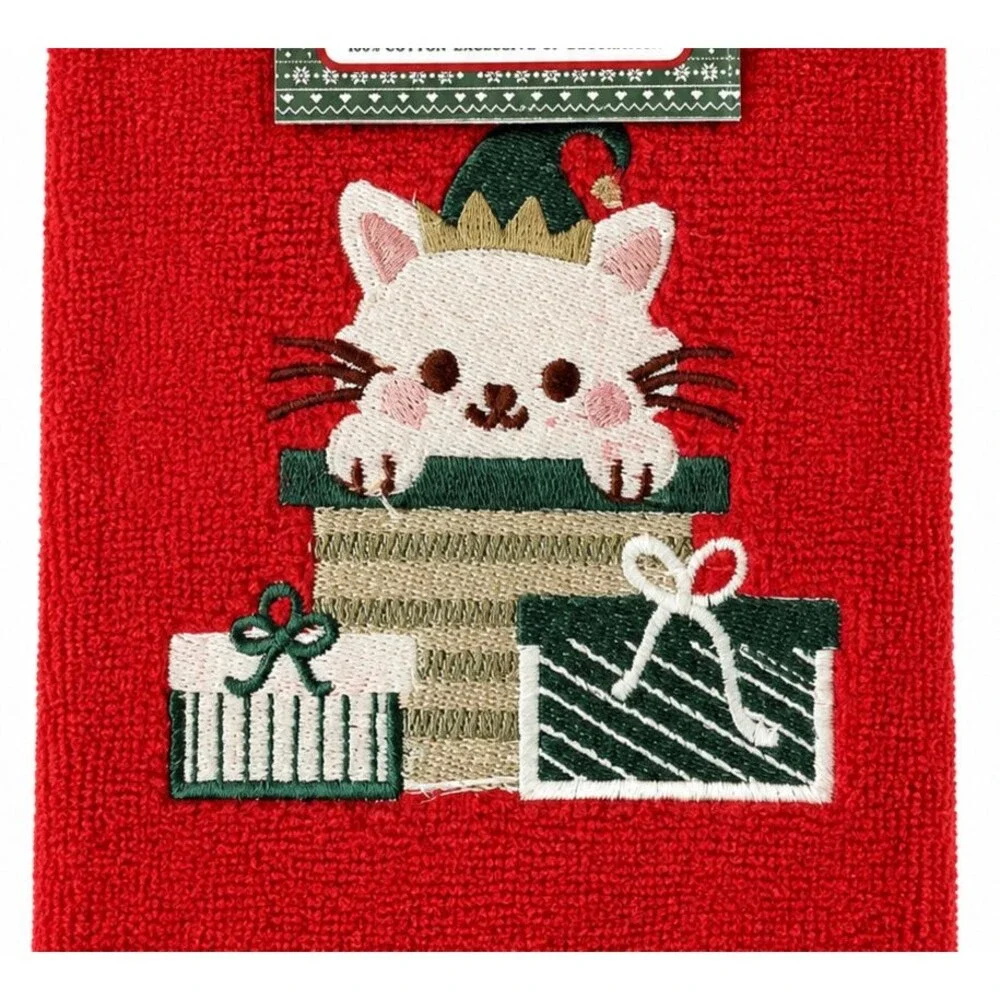 Christmas Kitty Cat Fingertip Towels Set of 2 Red Cotton Embroidered Holiday